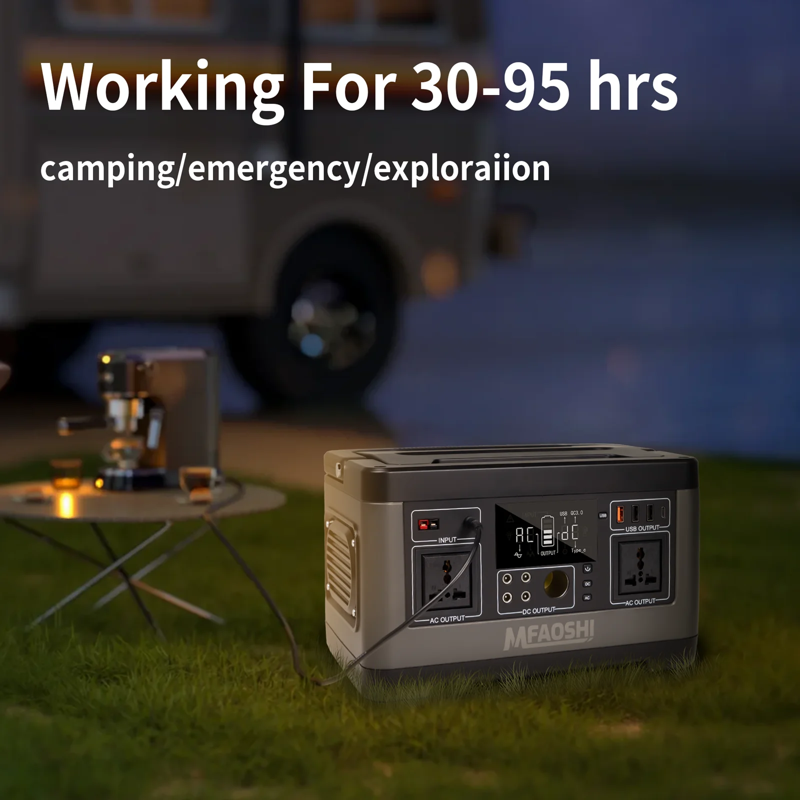 MFAOSHI 500W 520Wh Portable Power Station with AC 110V, 3-Port 12V DC Dual USB Sockets for CPAP Home Camping Emergency Backup.