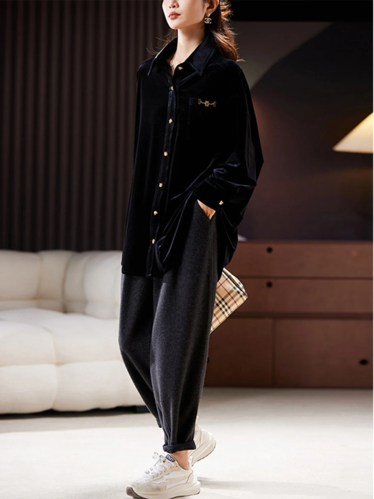 Ele Velvet irt Women's Autumn Winter New Faion Patchwork  Collar Long Sve Mid-Length Korean Sle Polyester