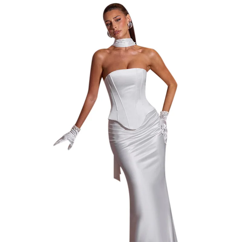 

Ele Waist-Cinched Top And Skirt Set Women's Classy Strapl Ensemble Polyester Fabric No Brand Registered Trademark