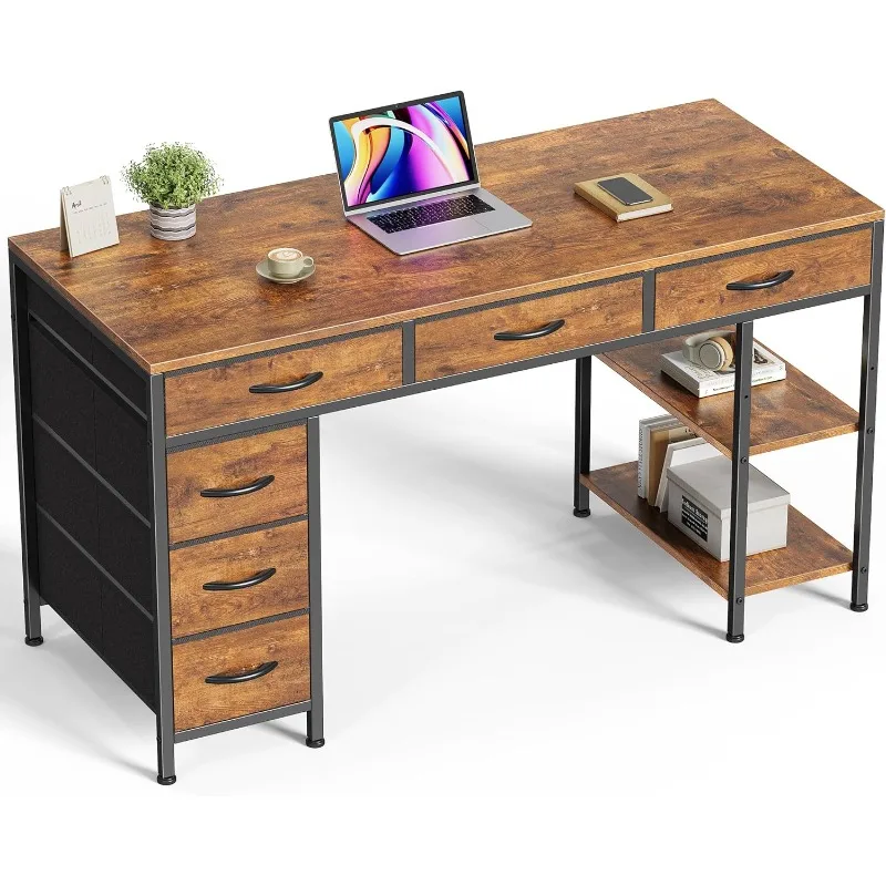 

Computer Desk with 6 Drawers, Corner Desk with Storage, Work Desk for Home Office, Study, Living Room, Rustic Brown