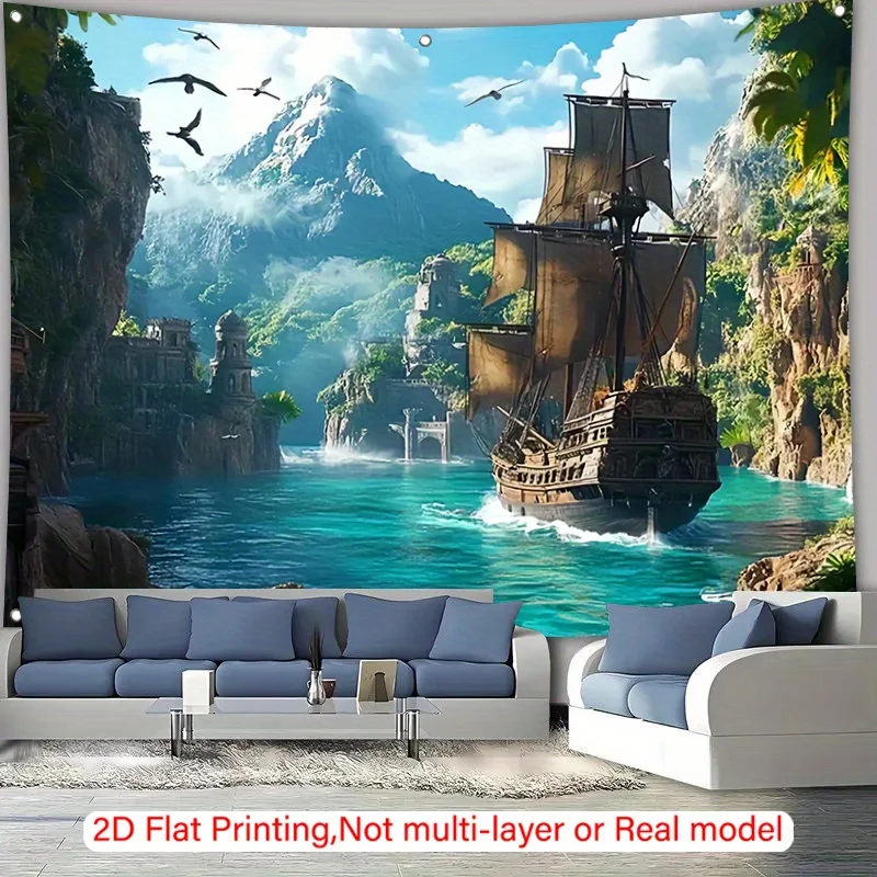Epic Pirate Ship Adventure Tropical Island Tapestry Wall Mural Hanging Decoration for Living Room Bedroom Nautical Fantasy Decor