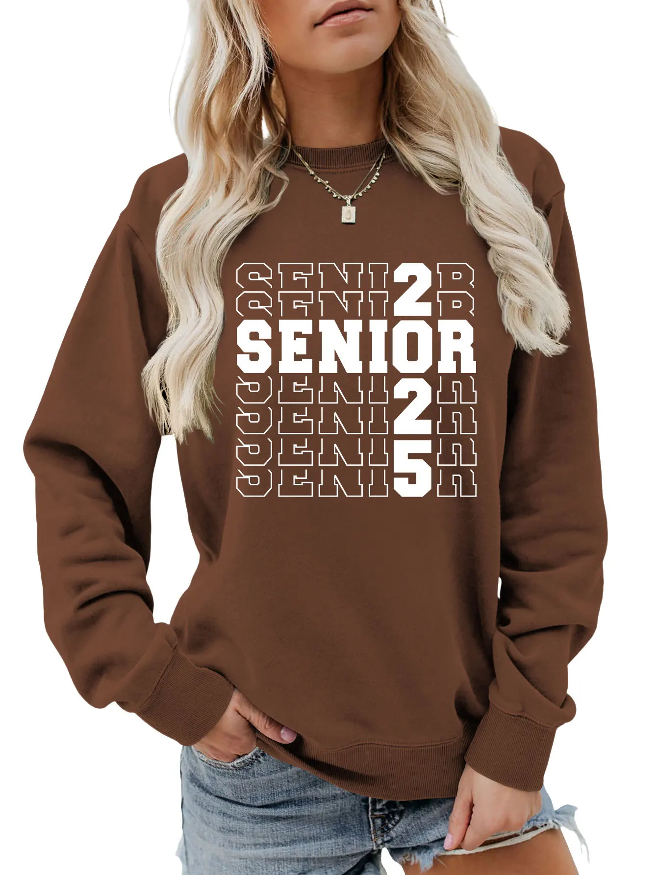 Autumn new crew-neck women\'s casual T-shirt hoodie senior 2025 printed loose long-sleeved top with all fashion pullover