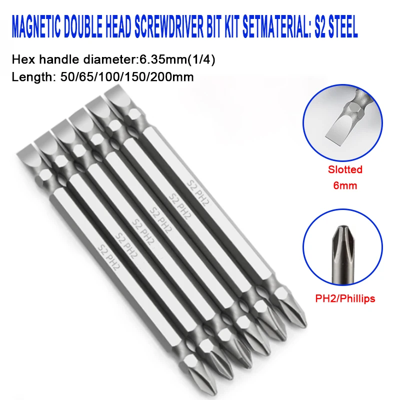 1-5pcs Double Head Screwdriver Bit Magnetic PH2 Phillips Cross and 6mm Flat Slotted Screwdriver Bits 50/65/100/150/200mm Length