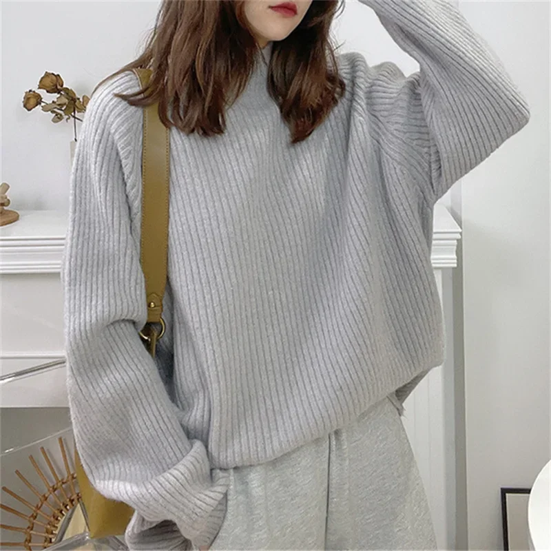 Women Knit Sweaters Full Sleeve Turtleneck Loose Pullover Jumpers Casual Solid Sweater Splice Elegant Ladies Autumn Winter