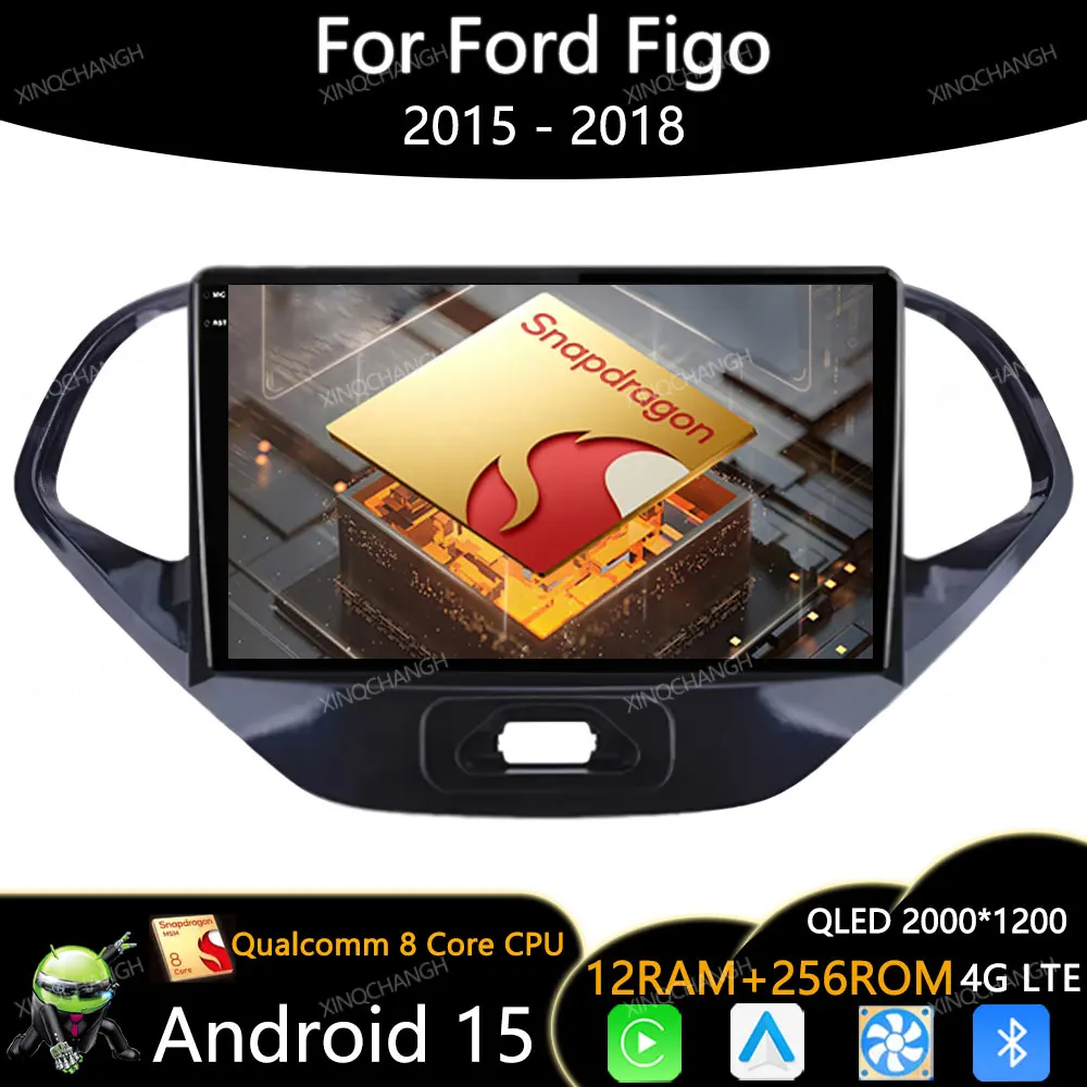 Radio para Auto Android 15 para Ford Figo 2015-2018, QLED, GPS, Qualcomm, Carplay, Auto BT, Unidad Principal, 4G LTE, 5G WIFI, 2DIN, Navegación, BT, GPS