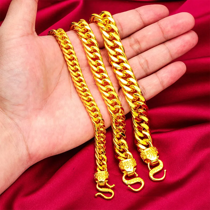 24K Gold Lucky Head Flat Bracelet 10 12 14mm Men AU999 - 24K forged/AU999, smooth link, 10-14mm for diverse needs