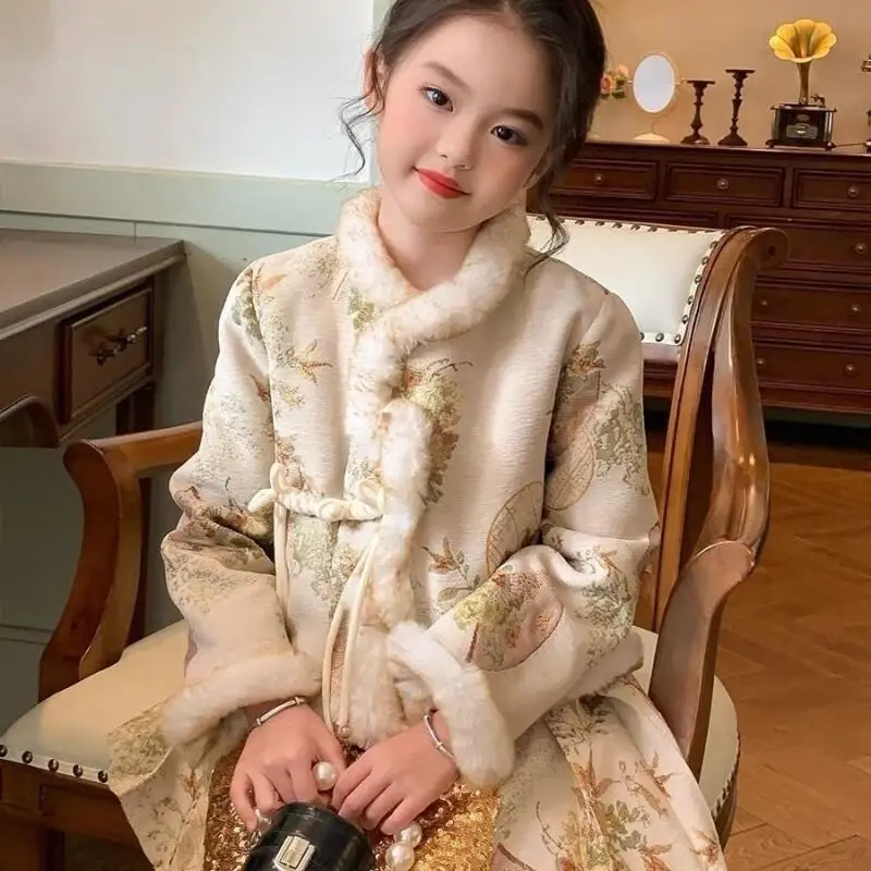 

Осень/зима 2025 г., детский костюм в западном стиле в китайском стиле Ханфу Тан, кавайное повседневное пальто, топы, модная одежда, куртка для девочек