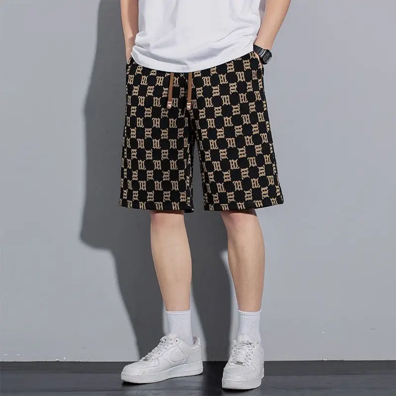 Trend Versatile Summer Men\'s Elastic Waist Drawstring Print Pockets Fashion Breathable Loose Knee Length Straight Beach Shorts