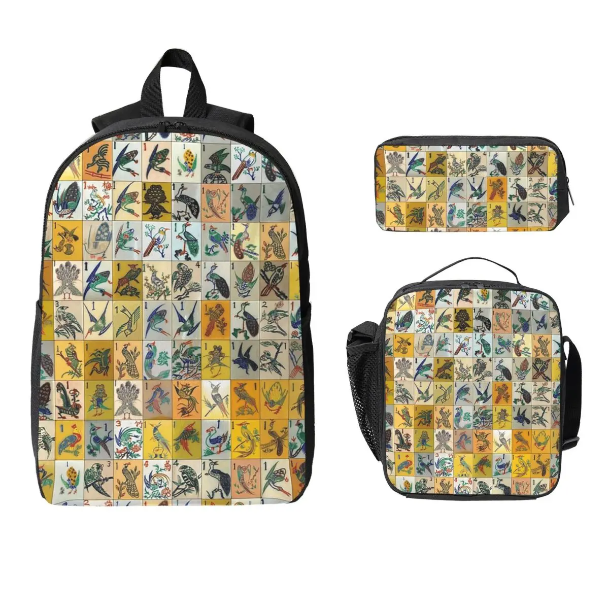Mah Jongg Birds Mahjong Tiles Backpack Boys Girls BookBag School Bag Laptop Shoulder Bags 3ps Insulated Lunch Bag Pencil Case