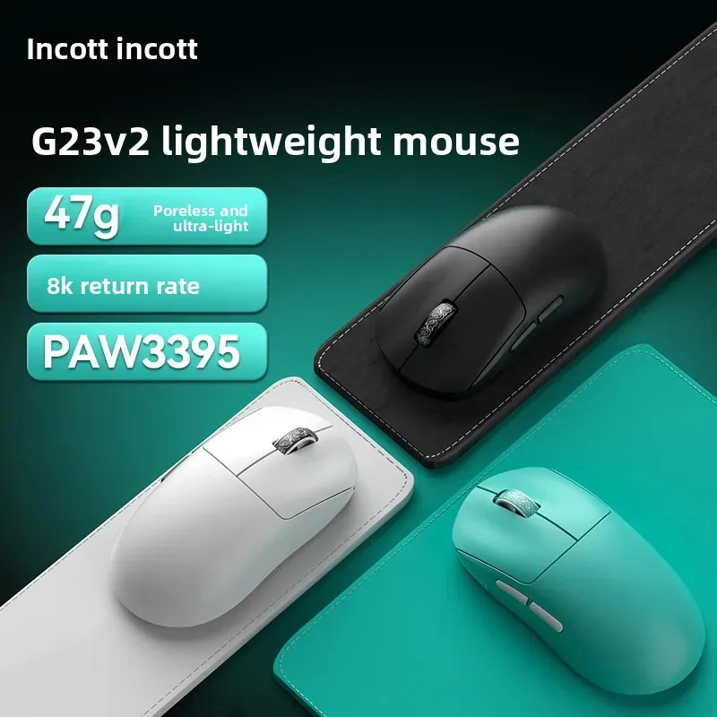 Incott G23 V2 E-sports Mouse 47g Lightweight PAW3395 Wireless 3-mode 8000Hz Polling Rate Ultra Low Latency Game Mice Custom Gift