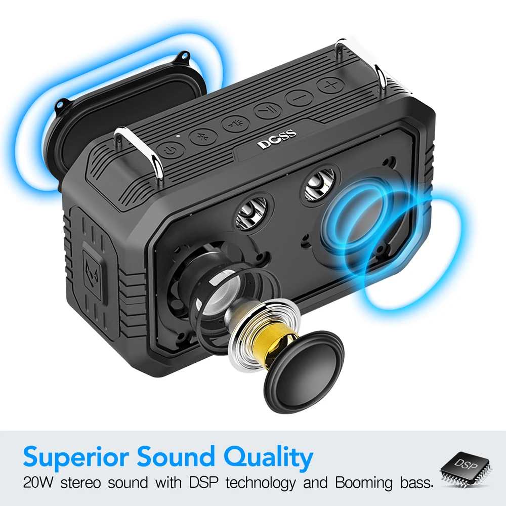 DOSS Portable Bluetooth Speaker Outdoor IPX6 Waterproof Sound Box Powerful 20W Sound & Bass Wireless Speakers + Flashlight Light