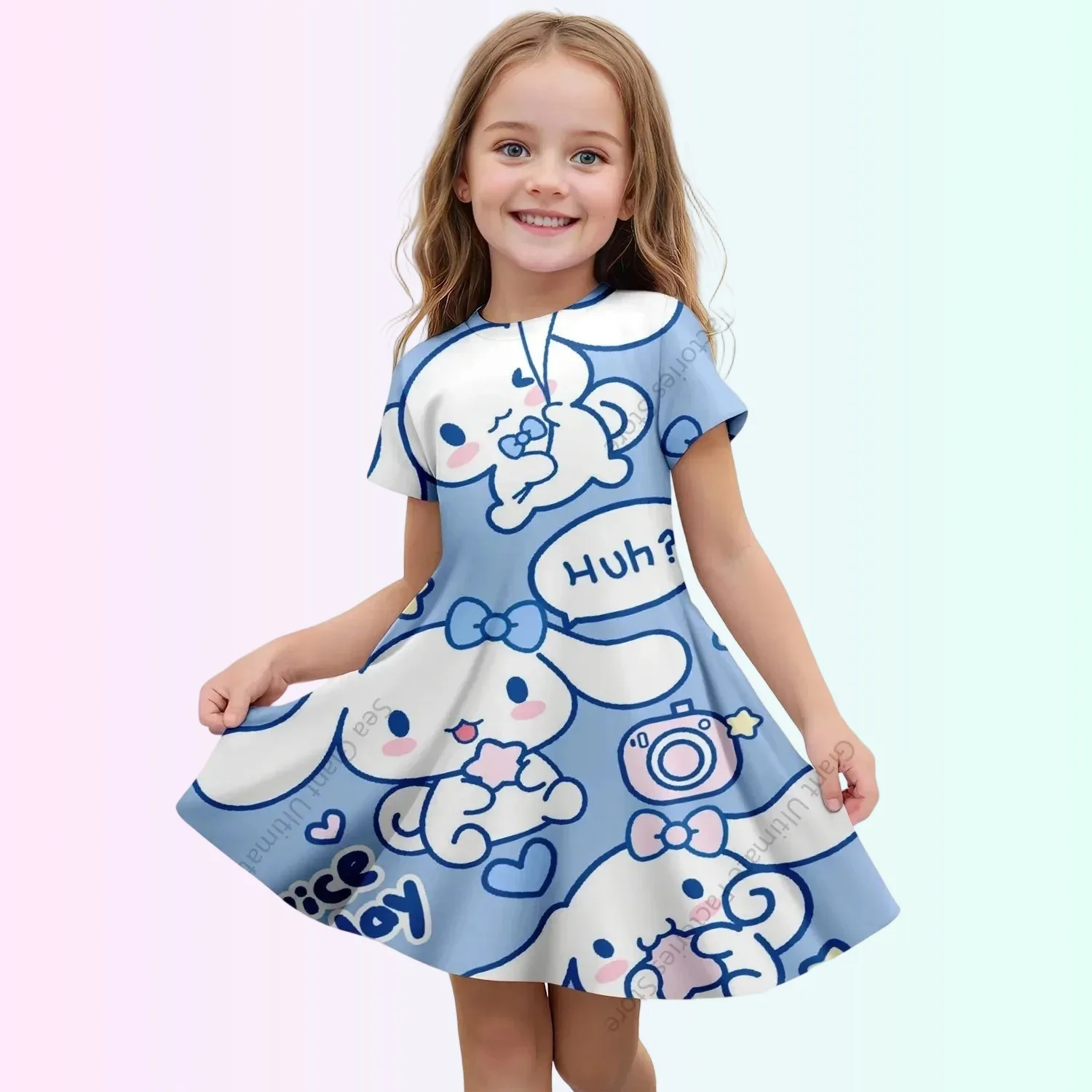 

MINISO New Summer Girls Dress Fashion Cartoon Cute Cinnamoroll Hello Kitty 3D Printing Dress Kid Short Sleeve Princess Clothing