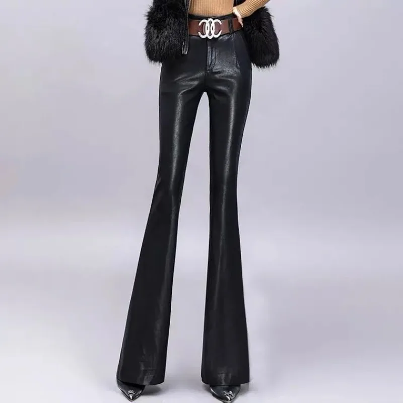 Leather Pants Women in Autumn Winter Plus Velvet High-waisted Bell-bottom Pants Women in Slim Flared Trousers