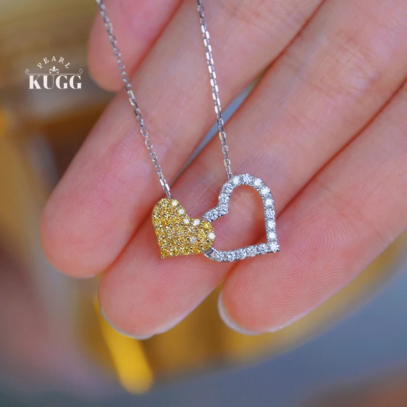 KUGG 100% 18K White Gold Necklace Romantic Heart Shape Real Natural Yellow Diamond Necklace for Women High Wedding Jewelry