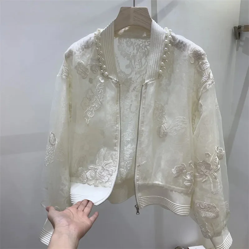 Summer Clothes New Chinese National Style High-grade Beaded Embroidery Sunscreen Coat Lady Round Neck Design Sense Baseball Top