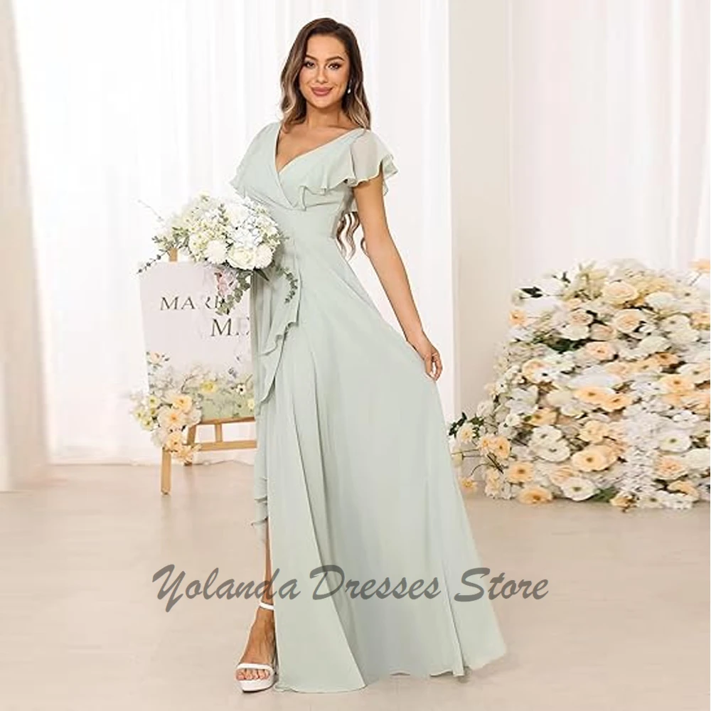 Modern V Neck Bridesmaid Dresses With Pocket Ruffles Sleeveless Chiffon Formal Dresses A Line Slit Floor Length Eveing Dresses