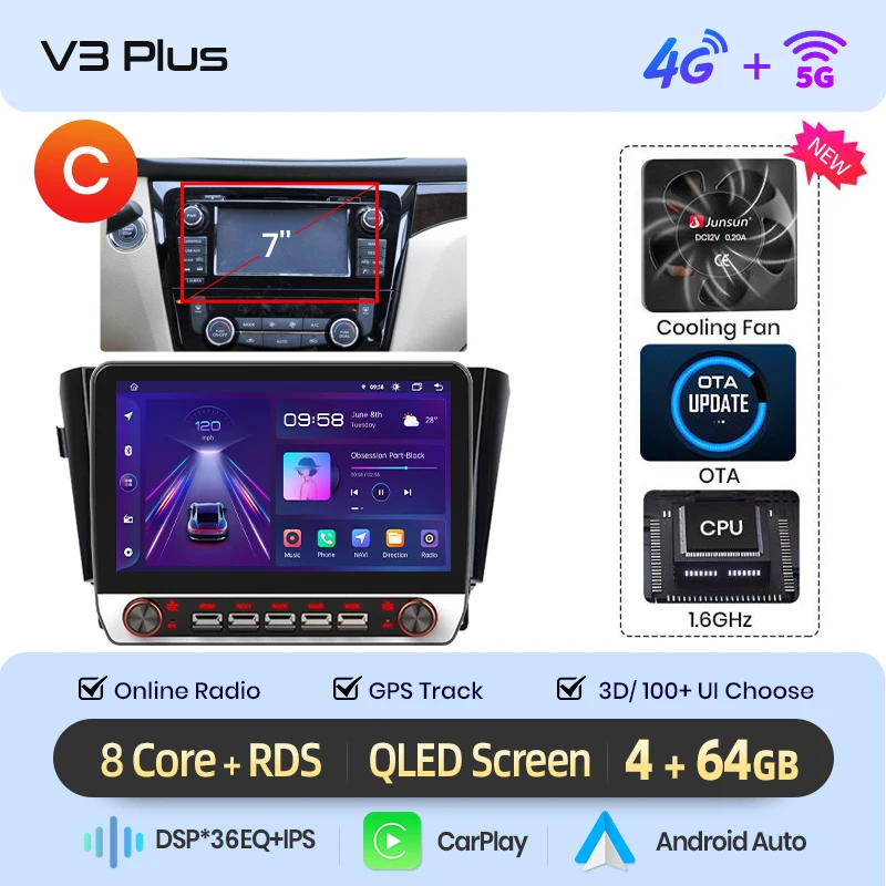 Junsun 13.1″ QLED draadloze CarPlay Android Auto autoradio voor Nissan Qashqai J11 X-Trail T32 2013-2017 Intelligente systemen DSP