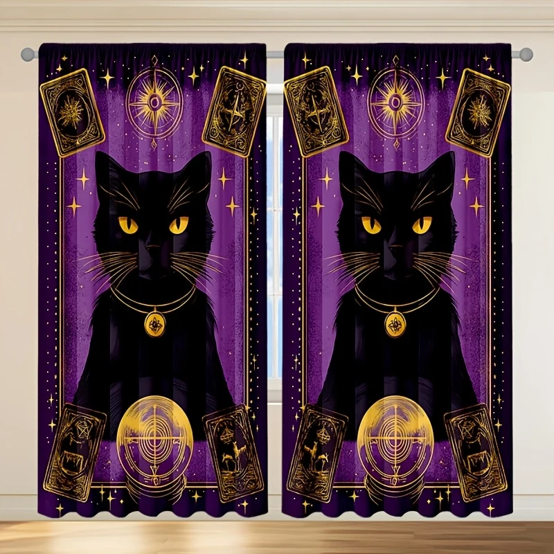 2pcs Tarot Black Cat Curtains Purple Gold Print Polyester Drapes for Living Room Bedroom Home Decor Window Treatment