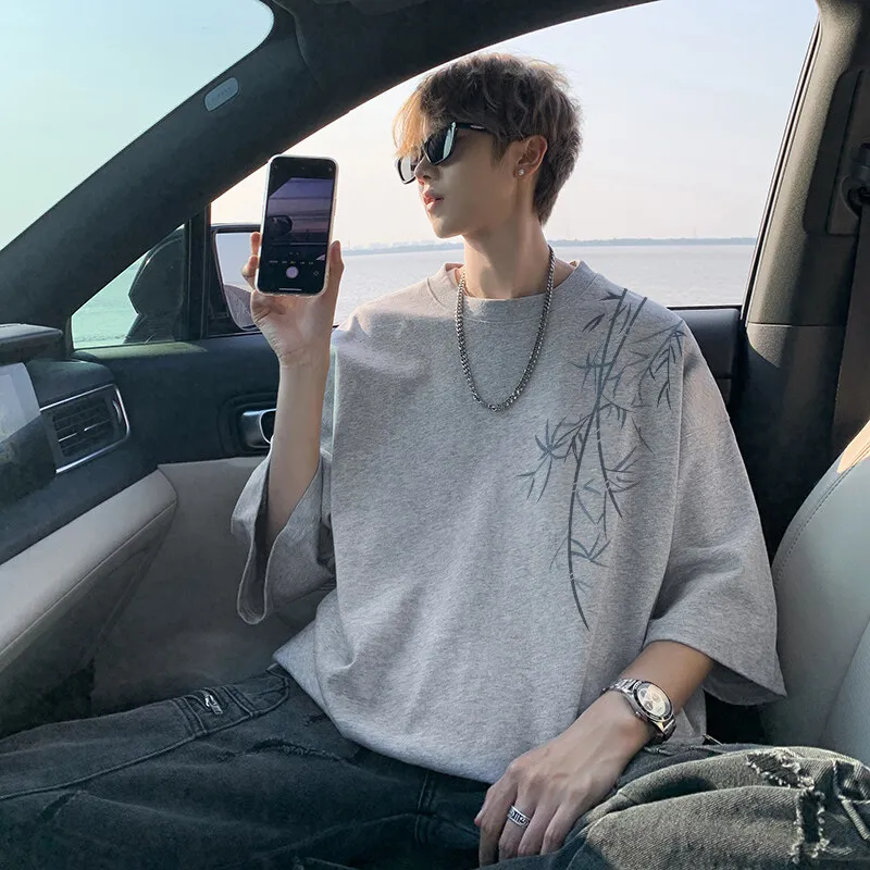 

Men's Cotton T-shirts White Mens Oversized T Shirt 5XL Summer Casual Wear Bamboo Print Tee Shirts for Men Male Clothes
