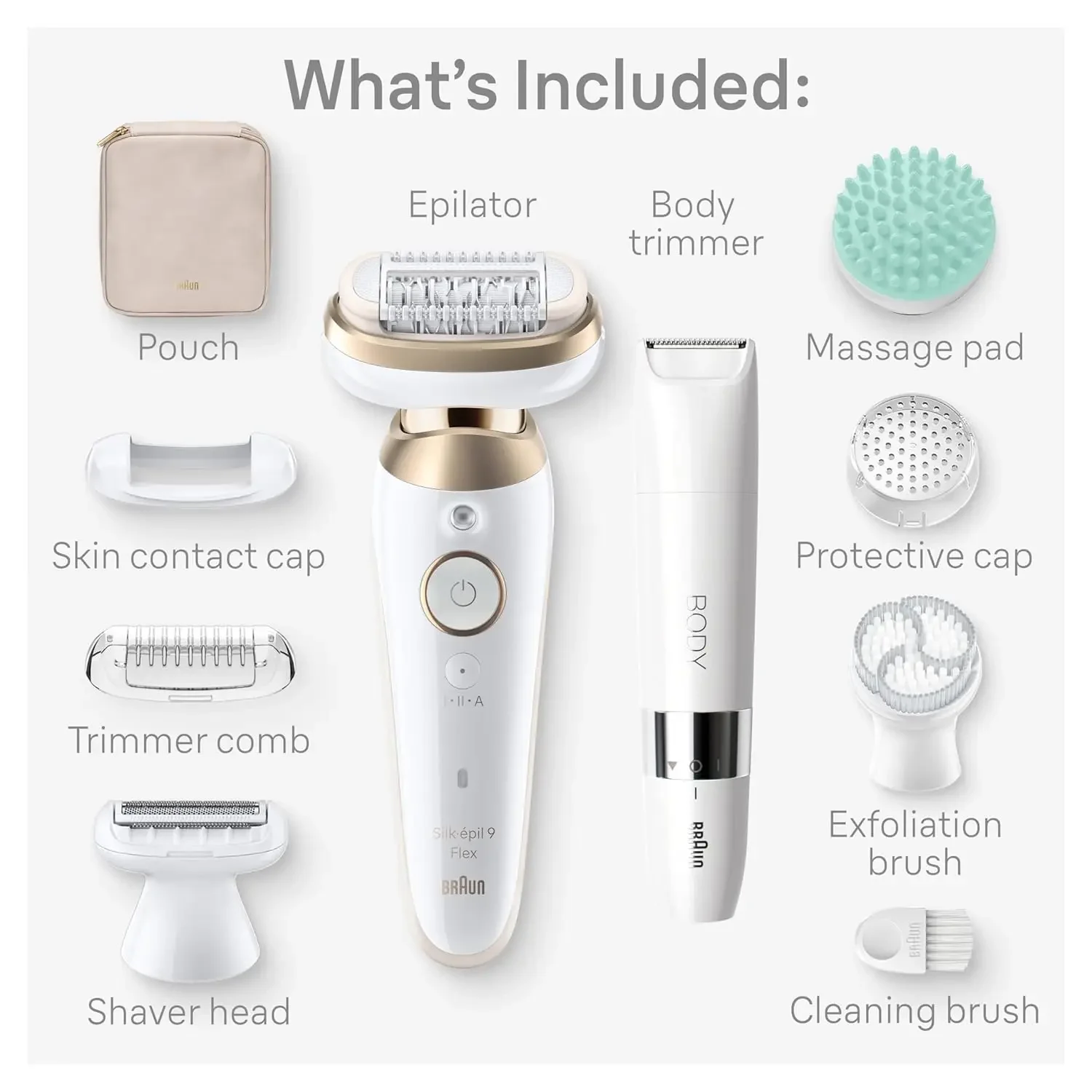 9  Hair Removal Device, 360 Flex and Pivoting Head, Wet and Dry, Includes Shaver Head, Trimmer Comb, Massage Pad, Exfoliation