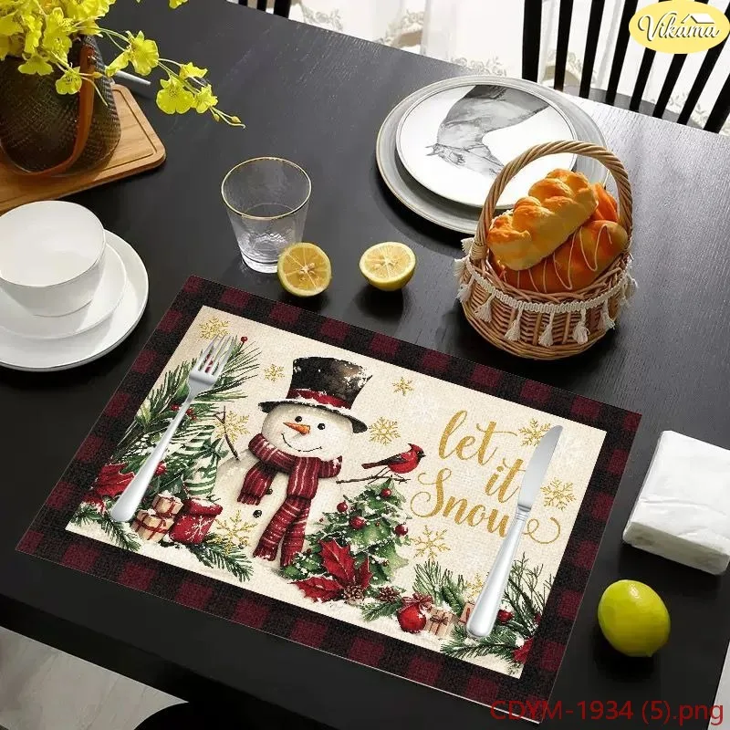 VIKAMA Christmas Placemats, Purple Poinsettia Garland Bauble Ornament Design, Washable Winter Holiday Kitchen Dining Mat