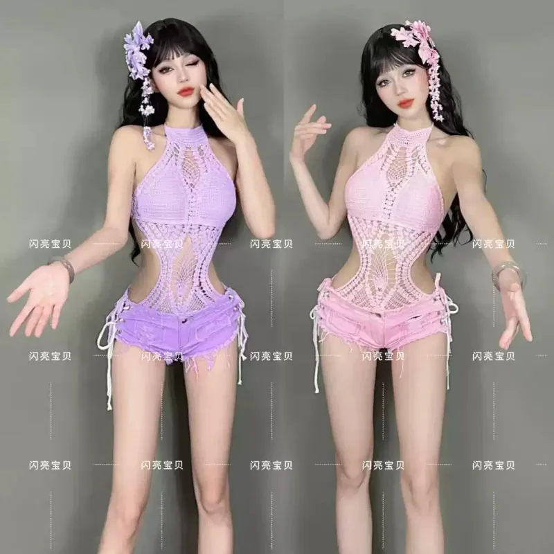 Hollow‑Out Crochet Bodysuit Denim Fringe Shorts Set with Flower Hair Accessory Women Nightclub DS Gogo Dancer Jazz Stage Dancing