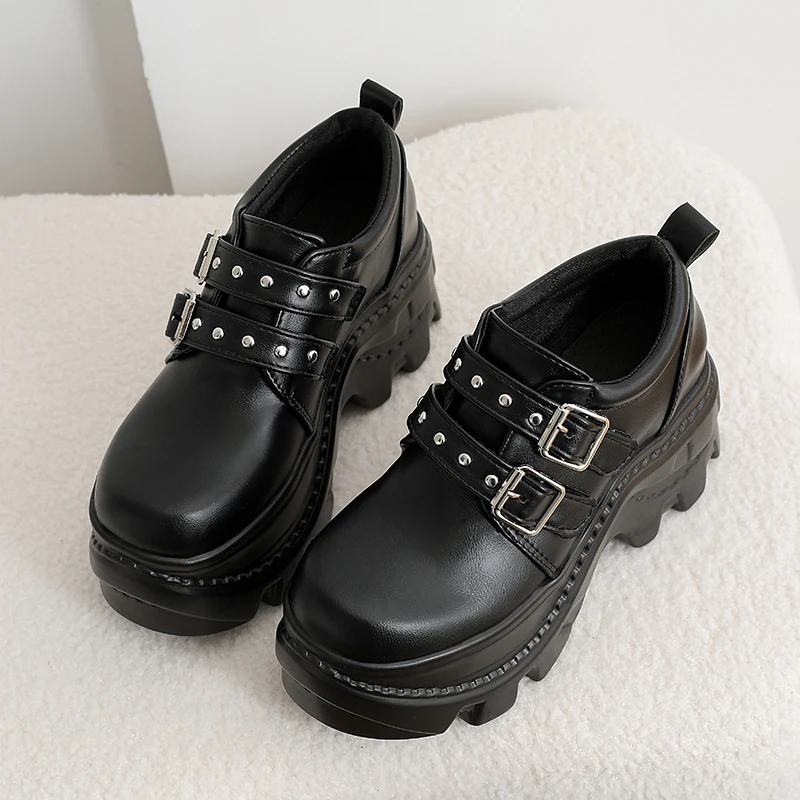 

Женские модные лоферы на толстой подошве 7 см с двойной пряжкой и заклепками, на массивной платформе, летние, с мягкой подошвой, нескользящие, кожаные туфли