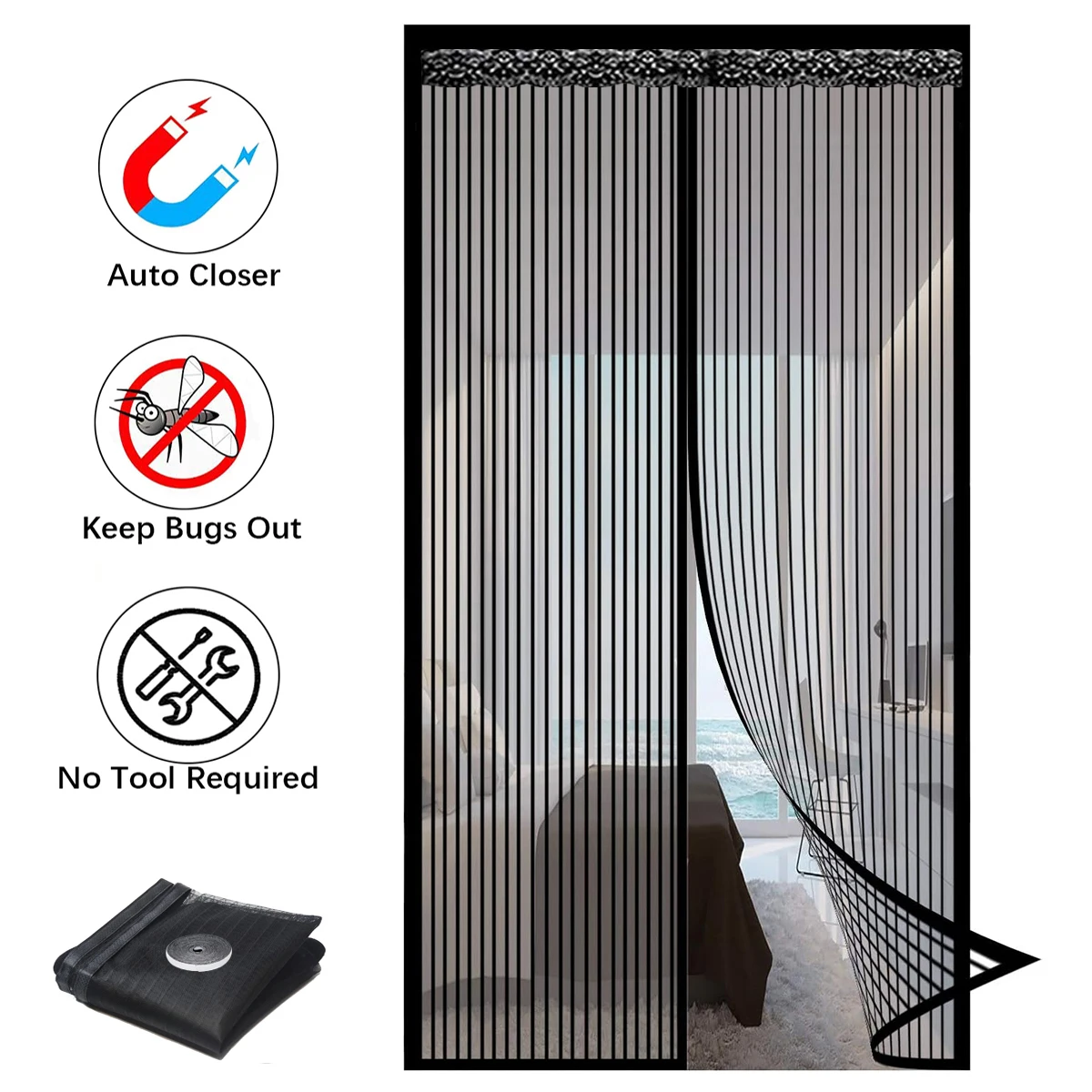 Magnetic Screen Door Curtain, Insect-Proof Mesh Door Curtain, Magnetic Sealing Device for Windows and Doors - Black