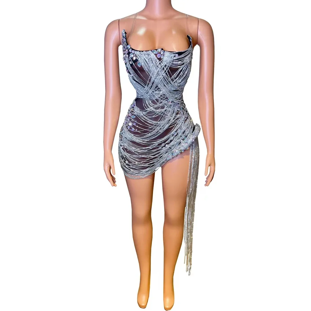 Frauen Feiern Prom Abend Geburtstag Kleid Bling Strass Fransen Foto Schießen Tragen Sexy Mesh Leistung Bühne Kostüm