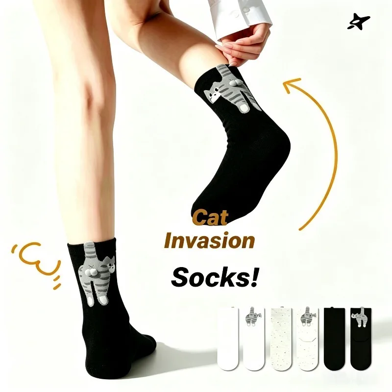3D Cute Cat Socks Black/White Funny Cat Socks Breathable Soft Girl Women Novelty Stocking Kawaii Gift Sock Set