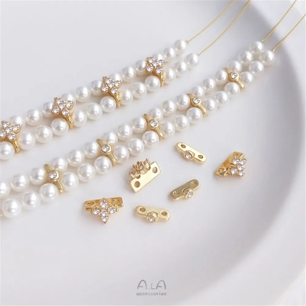 14K pack real gold inlaid zirconium double row hand string pearl septa double hole septa accessories DIY material