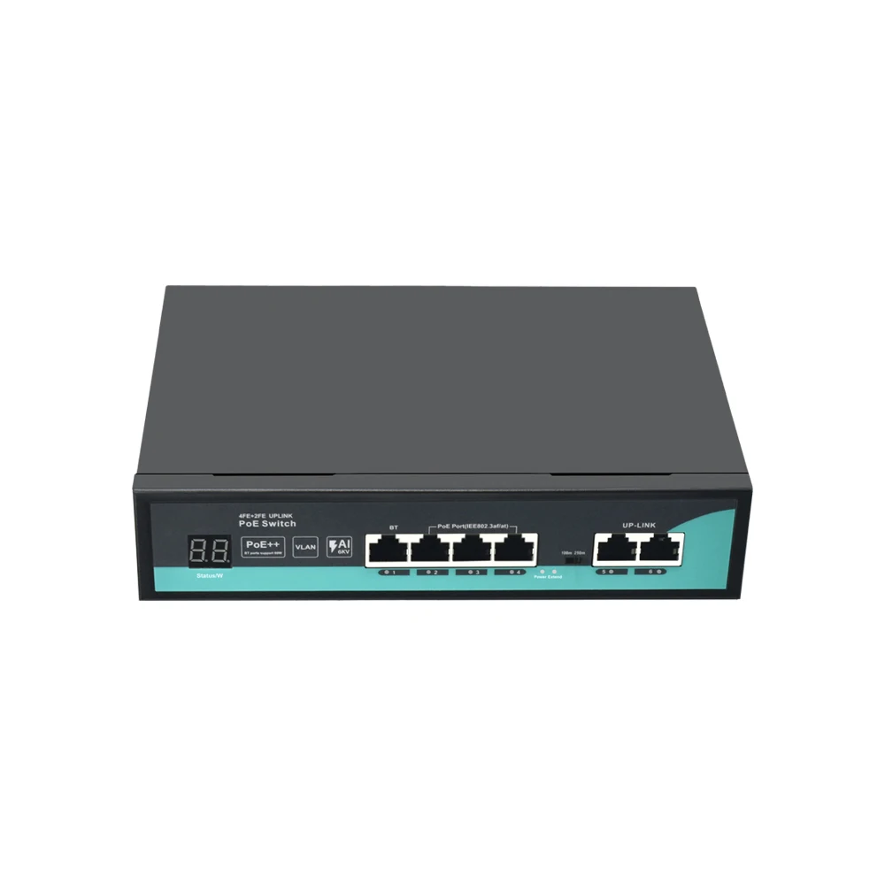 PoE Switch with Digital Tube Display for Security CCTV Camera, AI PoE Switch, 4 Port PoE, 2x100m, OEM, 6 Port