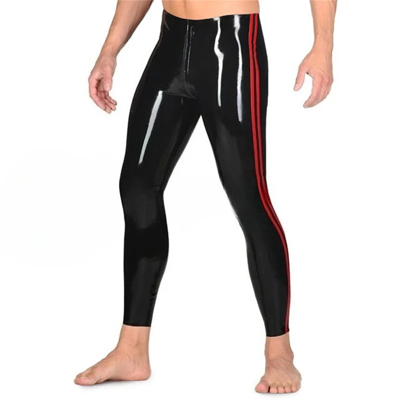 

customized Nature Latex Tight Leggings For Men Sexy Latex Rubber Pants Black with Red handmade