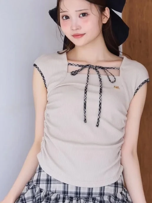 

Sweet Girls Versatile Slim Fit Short Tops Japanese Style Summer New Square Neck Tie Pleated Plaid Patchwork Knitted T-shirt