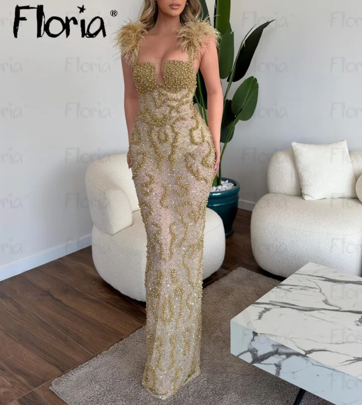 

Newest 2023 Feather Straps Party DressBrown Beading Mermaid Prom Celebrity Gown Custom Made Evening Dress Vestidos De Fiesta