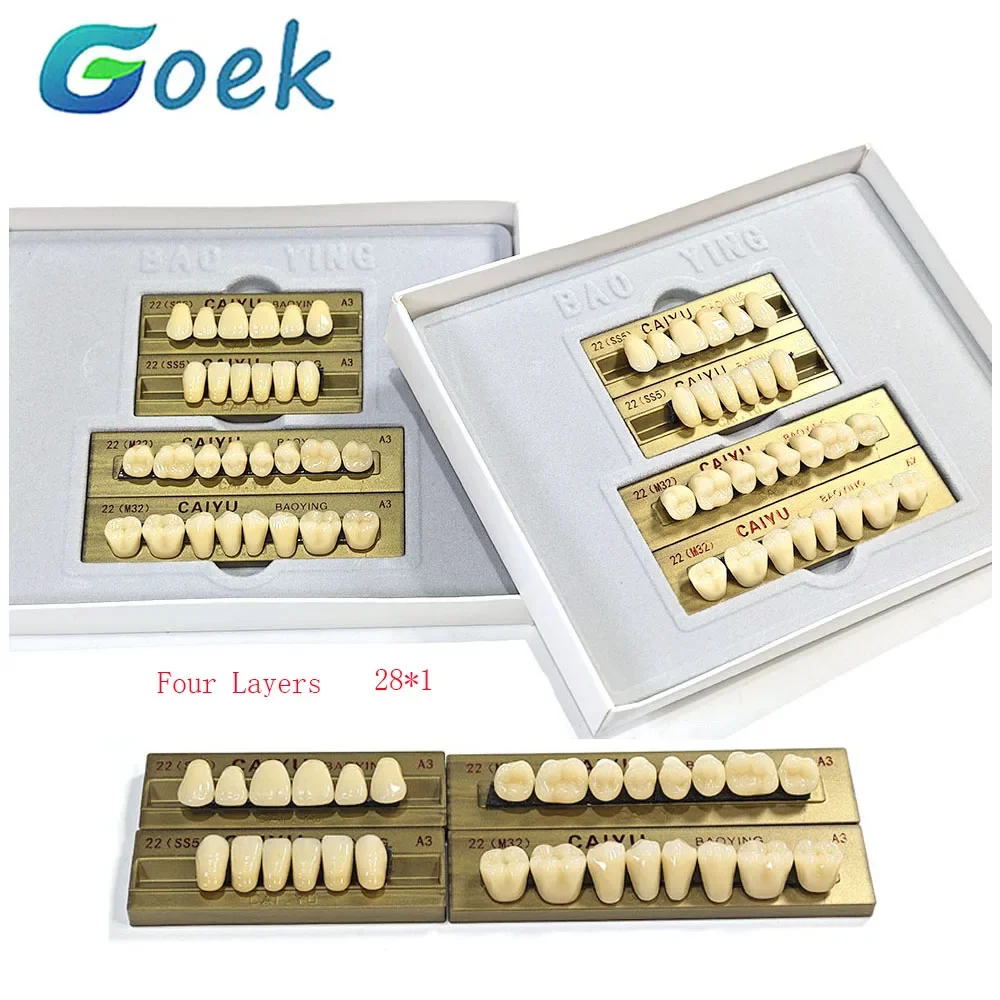 28*1 Dental Synthetic Resin Teeth 4 Layers Full Set Preformed Dentures BAO YING A2 A3 Anterior Posterior Dentistry Material