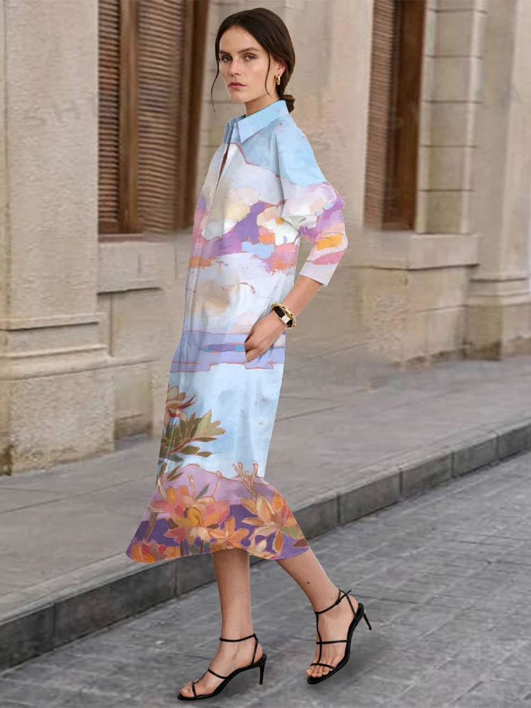 

2024 New Spring and Autumn Urban Street Fashion Casual Single-Breasted Shirt Dress Women's Elegant Long-Sleeved Lapel Dress