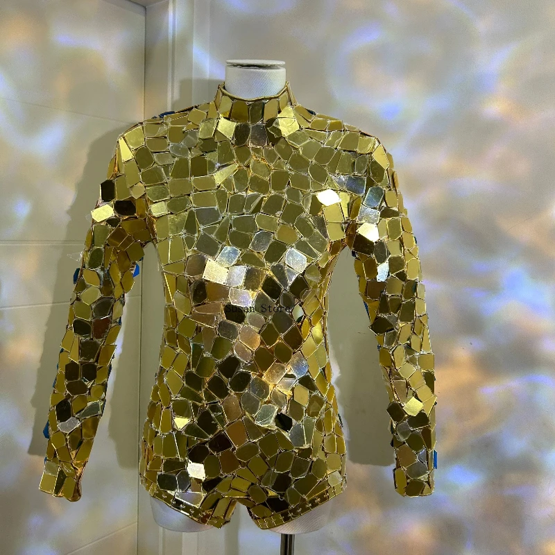 골드 미러 여성 의상 하이넥 긴팔 점프수트 나이트클럽 바 DJ DS 고고 댄서 공연 무대 의상 섹시 의류