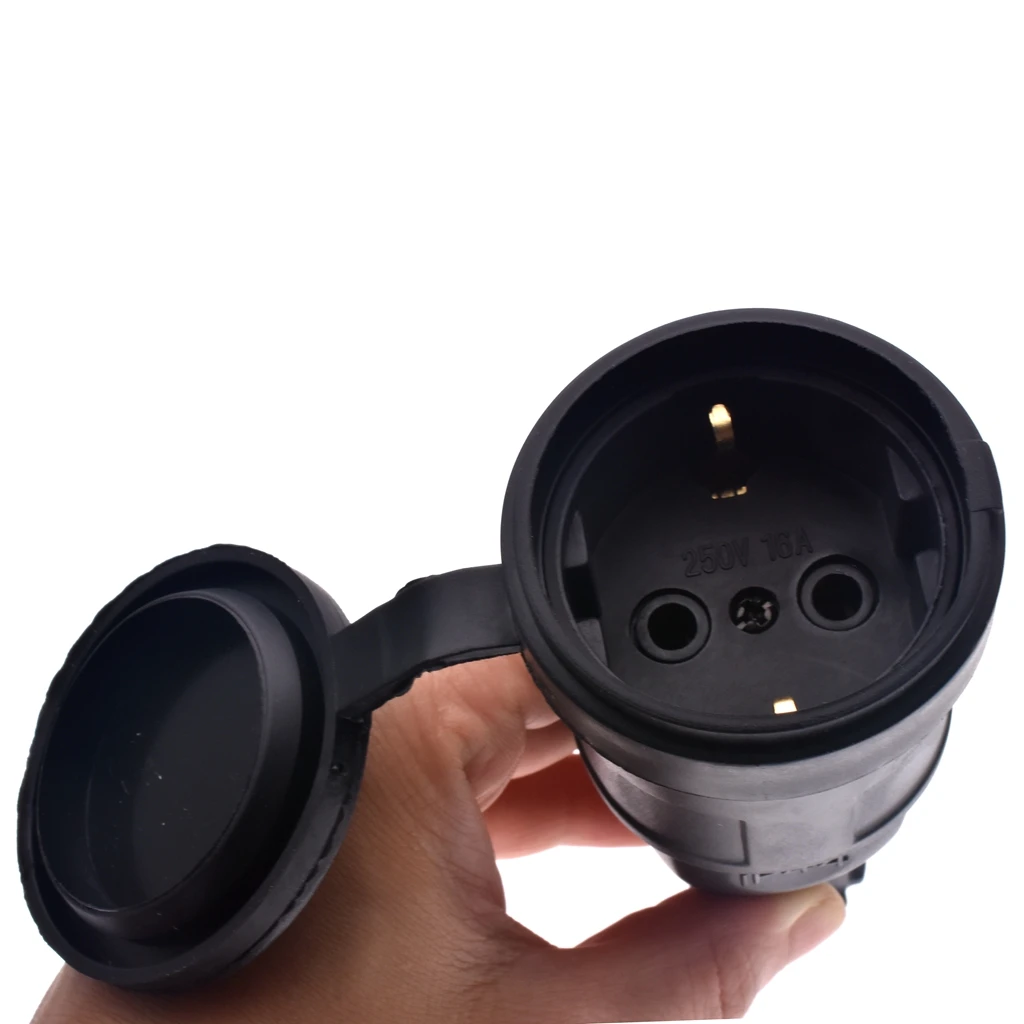 EU Rubber Waterproof Socket Plug Electrial Grounded European Connector With Cover IP44 For DIY Power Cable Cord 16A 250V
