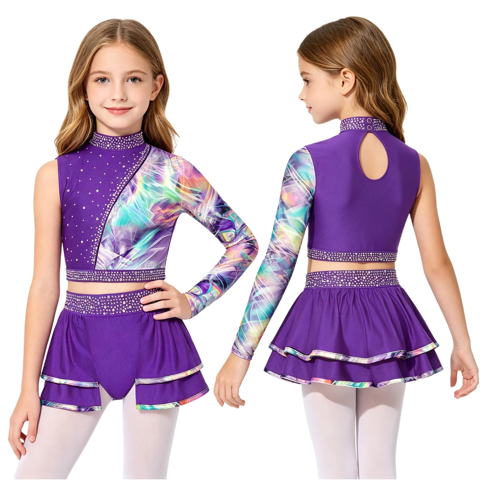 Kinder-Ballettsets mit Strass für Mädchen, Jazz-Tanz-Outfit, asymmetrisches, langärmliges Crop-Top mit Rock für Tanzaufführungen