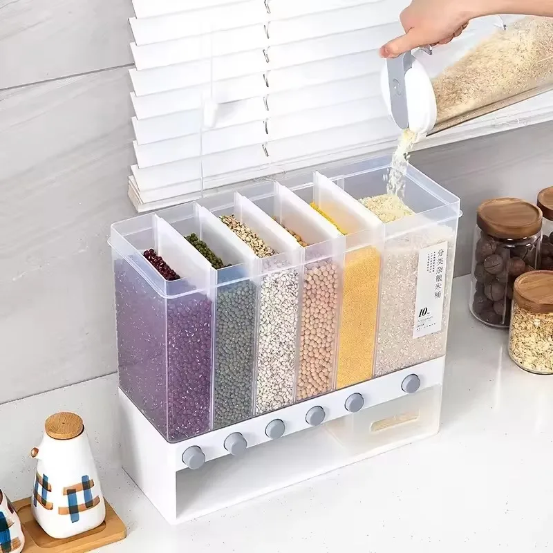 Pressed 6-grid grain dispenser Wall-mounted countertop grain storage box for dried rice