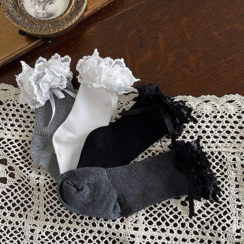 New Korean Princess Style Cotton Slouch Socks Double Layer Embroidered Lace Ankle Socks for Children Soft Cotton Spring Sock