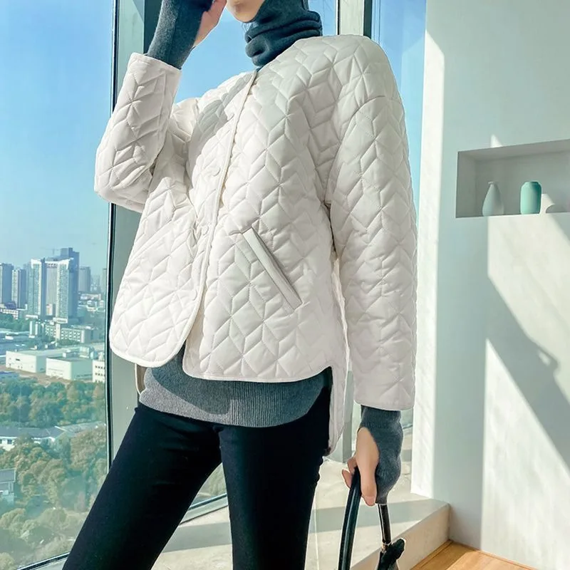 

2024 New Women Cotton Coat Winter Jacket Female Round Collar Parkas Honing Diamond Grid Loose Outwear Retro Light Thin Overcoat