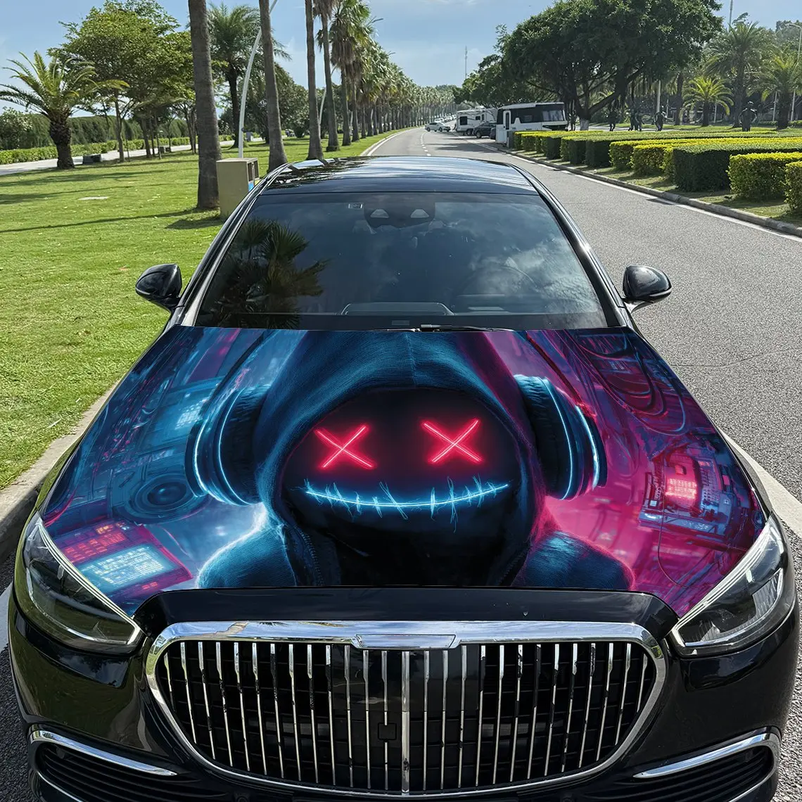 

Neon X Eyed Monster Car Vinyl Wrap, PVC Waterproof Car Hood Sticker, Self-Adhesive Scratch-Resistant Stickers for Engine Cover,