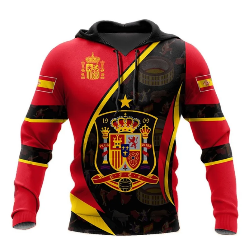 New Spain National Red Flag Men Hoodies 3D Print Autumn Winter Sweatshirts Fashion Sweat Casual Pullover Y2k Oversized Clothing