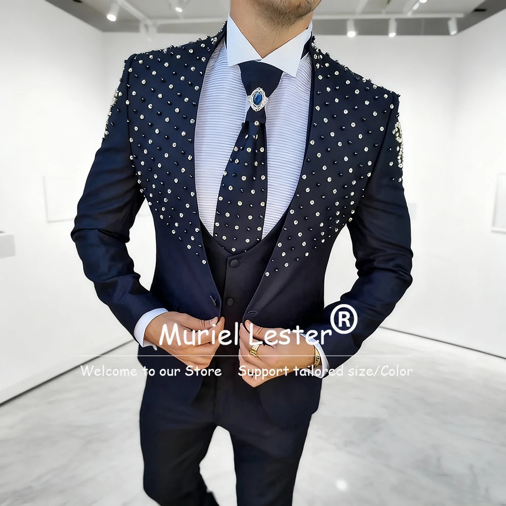 

Итальянские дизайнерские костюмы для мужчин на свадьбу, 3-х предметные смокинги для жениха с камнями из бисера, индивидуальный Terno Masculinos Completo Man, пиджак для выпускного вечера