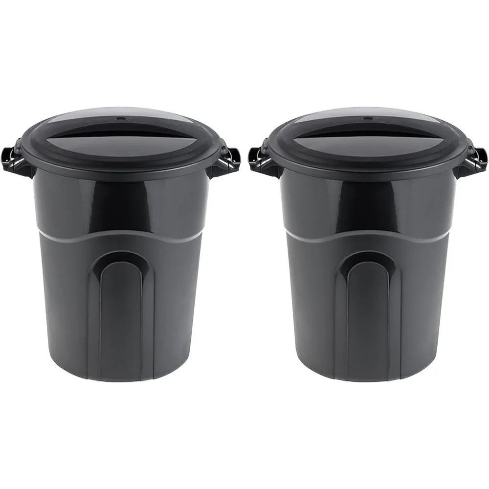 

20 Gallon Round Trash Can with Lid, Easy Carry Handles & Click Lock, Indoor Outdoor Use, 2-Pack Black