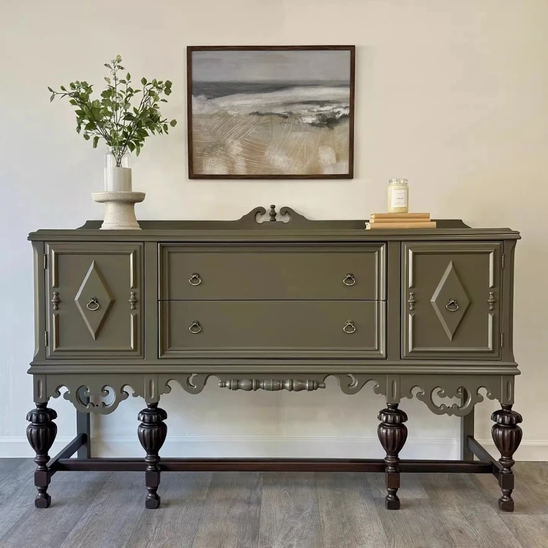 

French retro, green decorative cabinet in the foyer, solid wood carving flowers, household integrated storage