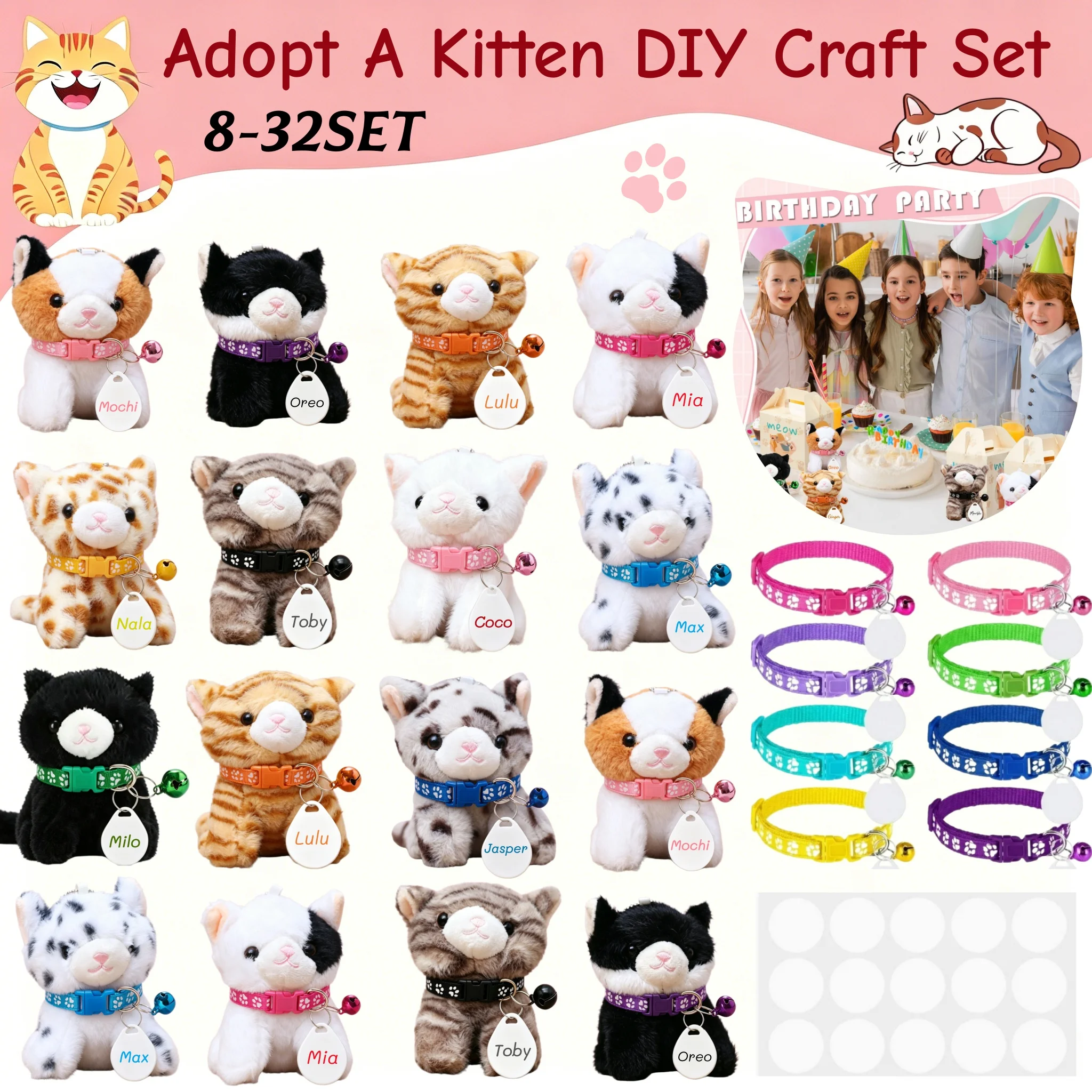8-32 Sets de Artículos para Fiestas de Adopción de Gatos, Peluches de Gatitos, Collares Ajustables y Tarjetas de Identificación para Fiestas de Cumpleaños