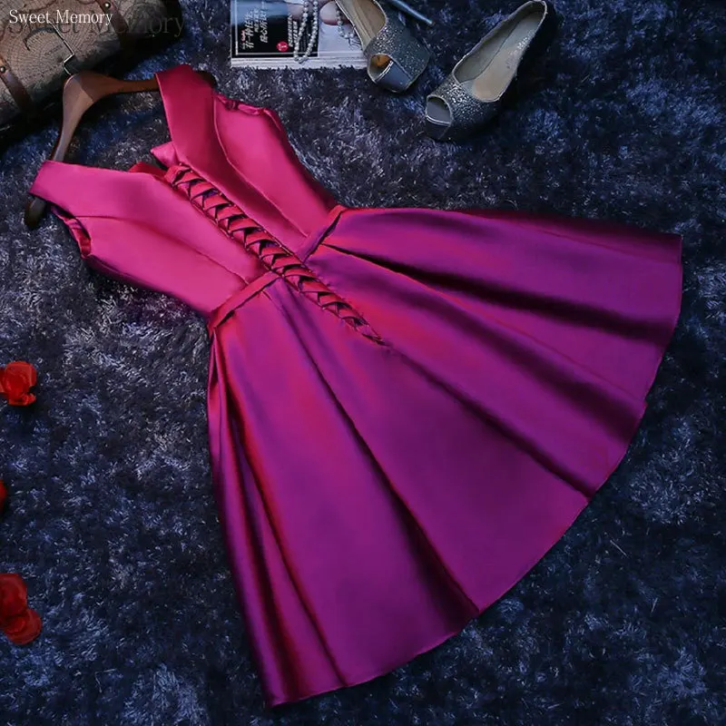 Vestido de fiesta de cóctel corto de satén con memoria dulce A59 hecho a medida, vestidos formales para niña, vestidos de fiesta para mujer, vestido de dama de honor con cordones